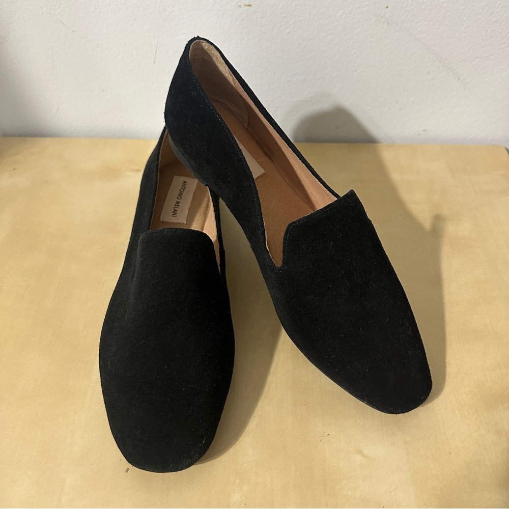 NWT ANTONIO MELANI Bayline Black Suede Slip-On Smoking Ballet Loafers Sz 8.5